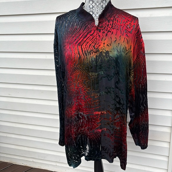CARTER SMITH SHIBORI LADIES BLUE RED MANDARIN COLLAR TUNIC SILK BLOUSE-XL-WOW!